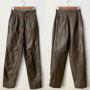 VINTAGE TAHARI High Waist Olive Leather Pants